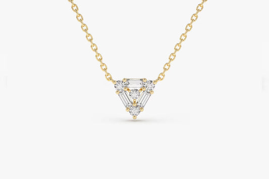 Baguette & Round Diamond Triangle Necklace – 14K Solid Gold | Minimalist Layering Pendant | Moissanite or Lab Grown Diamond