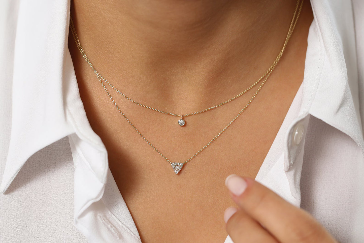 Baguette & Round Diamond Triangle Necklace – 14K Solid Gold | Minimalist Layering Pendant | Moissanite or Lab Grown Diamond