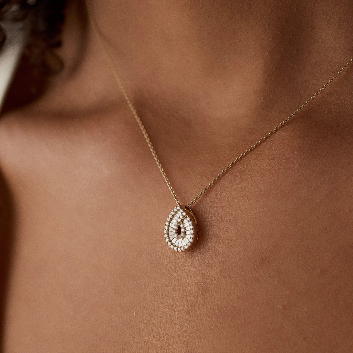 Teardrop Moissanite & Lab Grown Diamond Pendant Necklace in 14K Gold – Double Halo Pear Charm