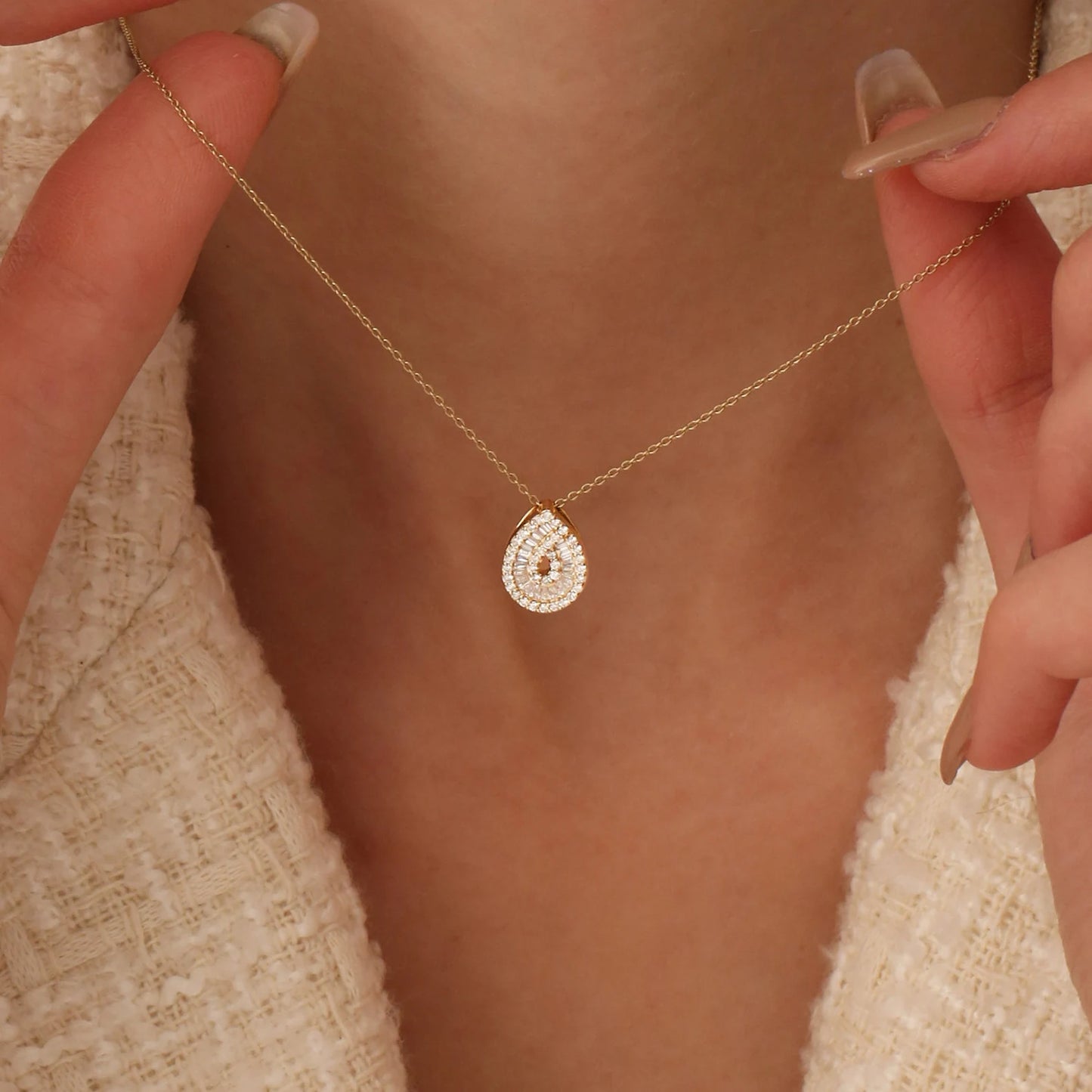 Teardrop Moissanite & Lab Grown Diamond Pendant Necklace in 14K Gold – Double Halo Pear Charm