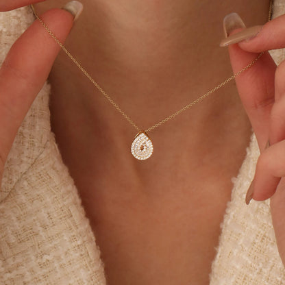 Teardrop Moissanite & Lab Grown Diamond Pendant Necklace in 14K Gold – Double Halo Pear Charm