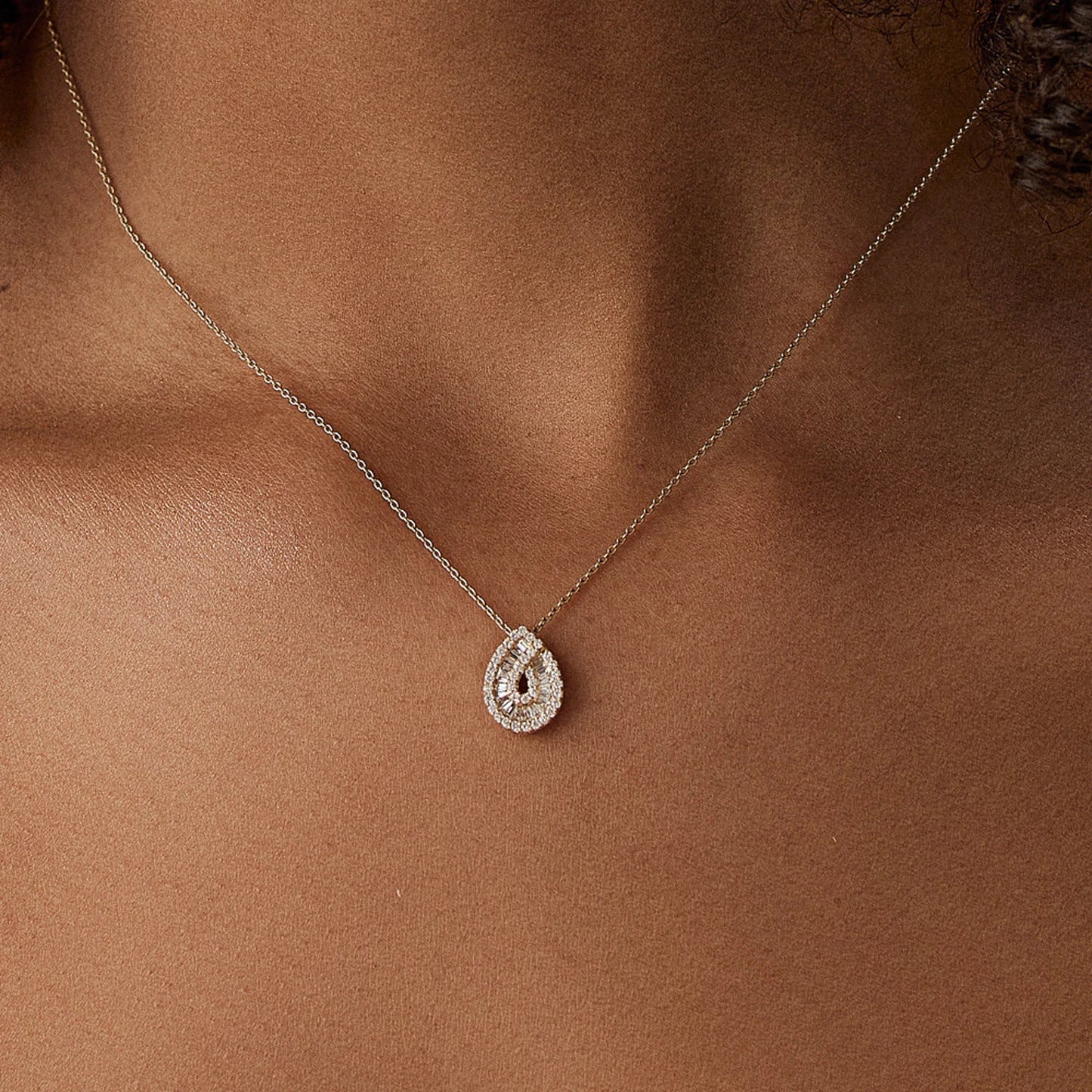 Teardrop Moissanite & Lab Grown Diamond Pendant Necklace in 14K Gold – Double Halo Pear Charm