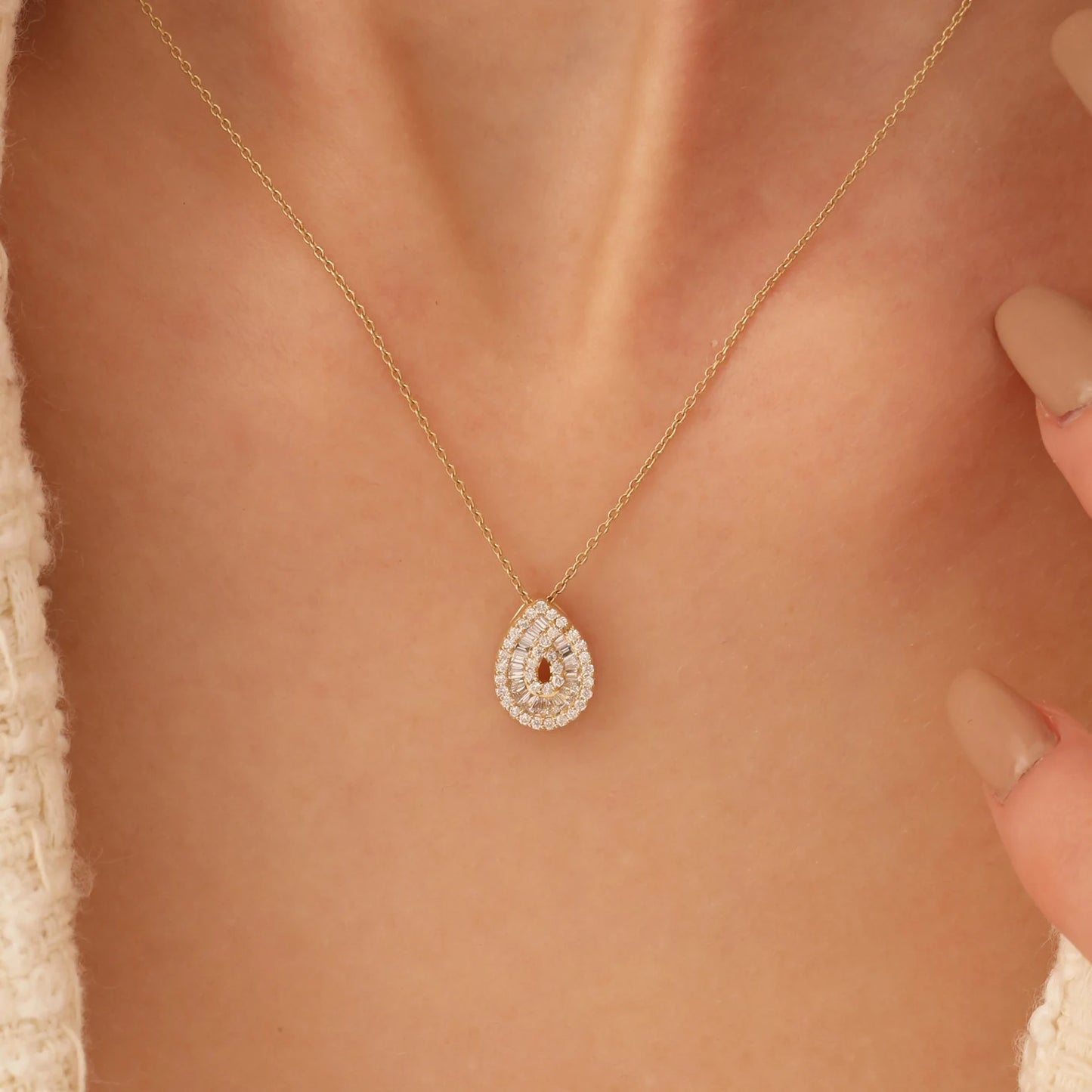 Teardrop Moissanite & Lab Grown Diamond Pendant Necklace in 14K Gold – Double Halo Pear Charm