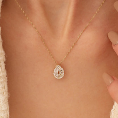Teardrop Moissanite & Lab Grown Diamond Pendant Necklace in 14K Gold – Double Halo Pear Charm