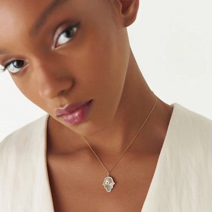 Hamsa Necklace in 14K Gold – Moissanite or Lab Grown Diamond Hand Pendant, Evil Eye Protection Necklace