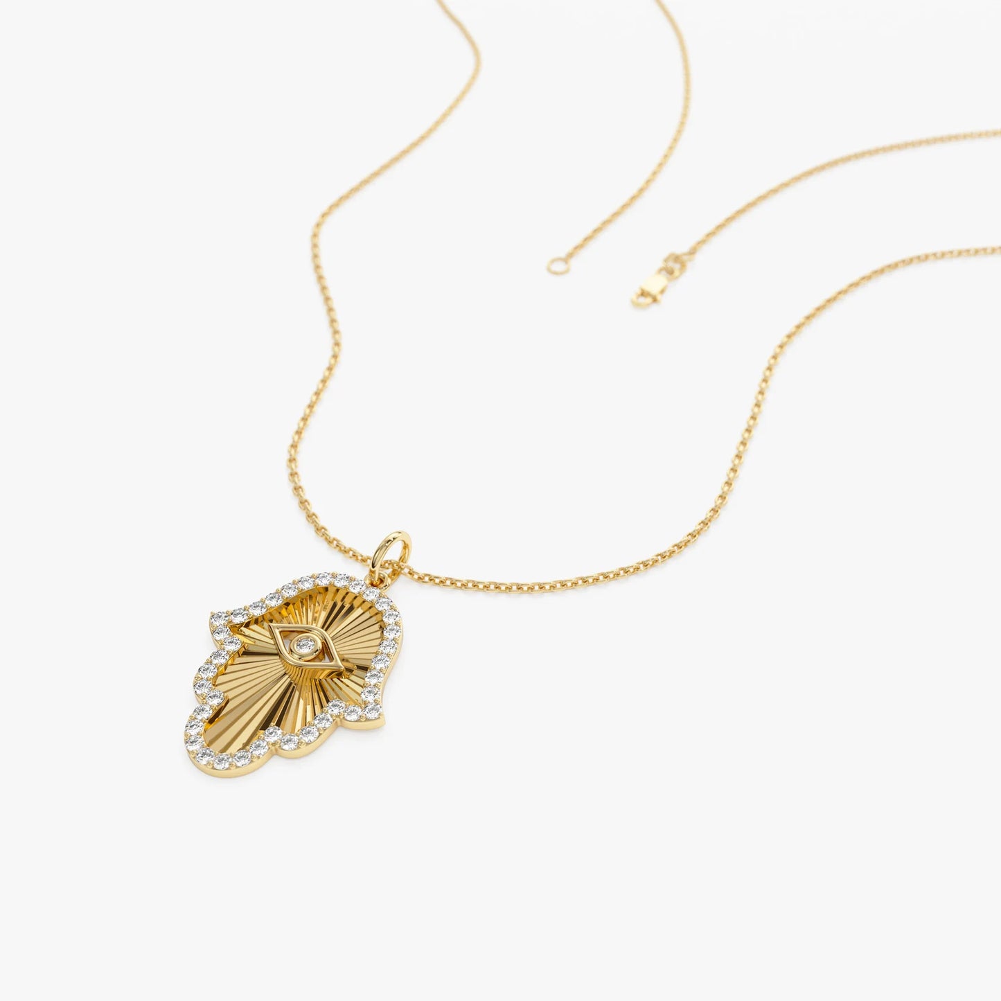 Hamsa Necklace in 14K Gold – Moissanite or Lab Grown Diamond Hand Pendant, Evil Eye Protection Necklace