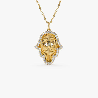 Hamsa Necklace in 14K Gold – Moissanite or Lab Grown Diamond Hand Pendant, Evil Eye Protection Necklace
