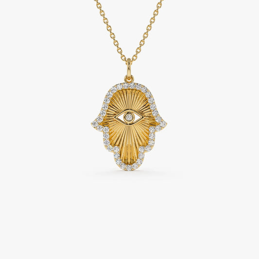 Hamsa Necklace in 14K Gold – Moissanite or Lab Grown Diamond Hand Pendant, Evil Eye Protection Necklace