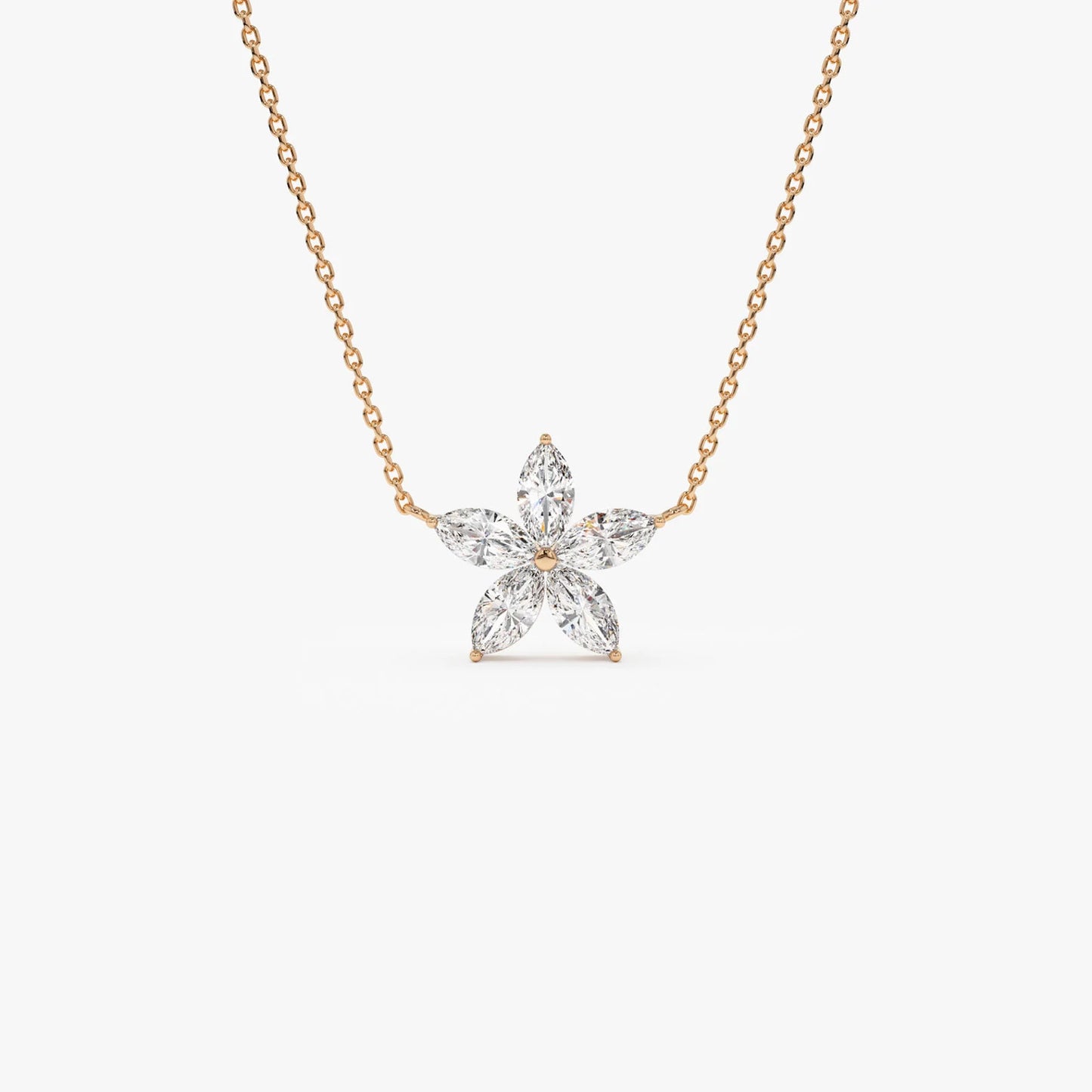 Floral Moissanite or Lab Grown Diamond Necklace in 14K Gold – Marquise Flower Pendant