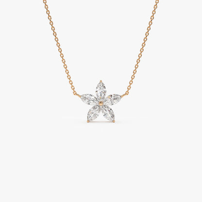 Floral Moissanite or Lab Grown Diamond Necklace in 14K Gold – Marquise Flower Pendant