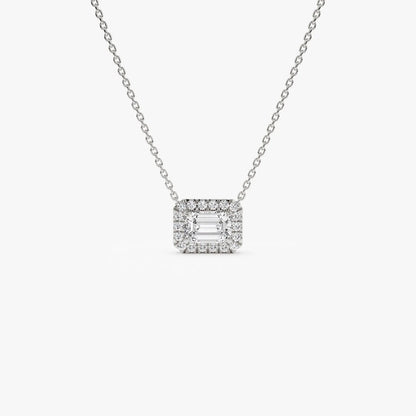 Emerald Cut Diamond Halo Necklace 0.90 CTW – 14K Solid Gold | Moissanite or Lab Grown Diamond Pendant