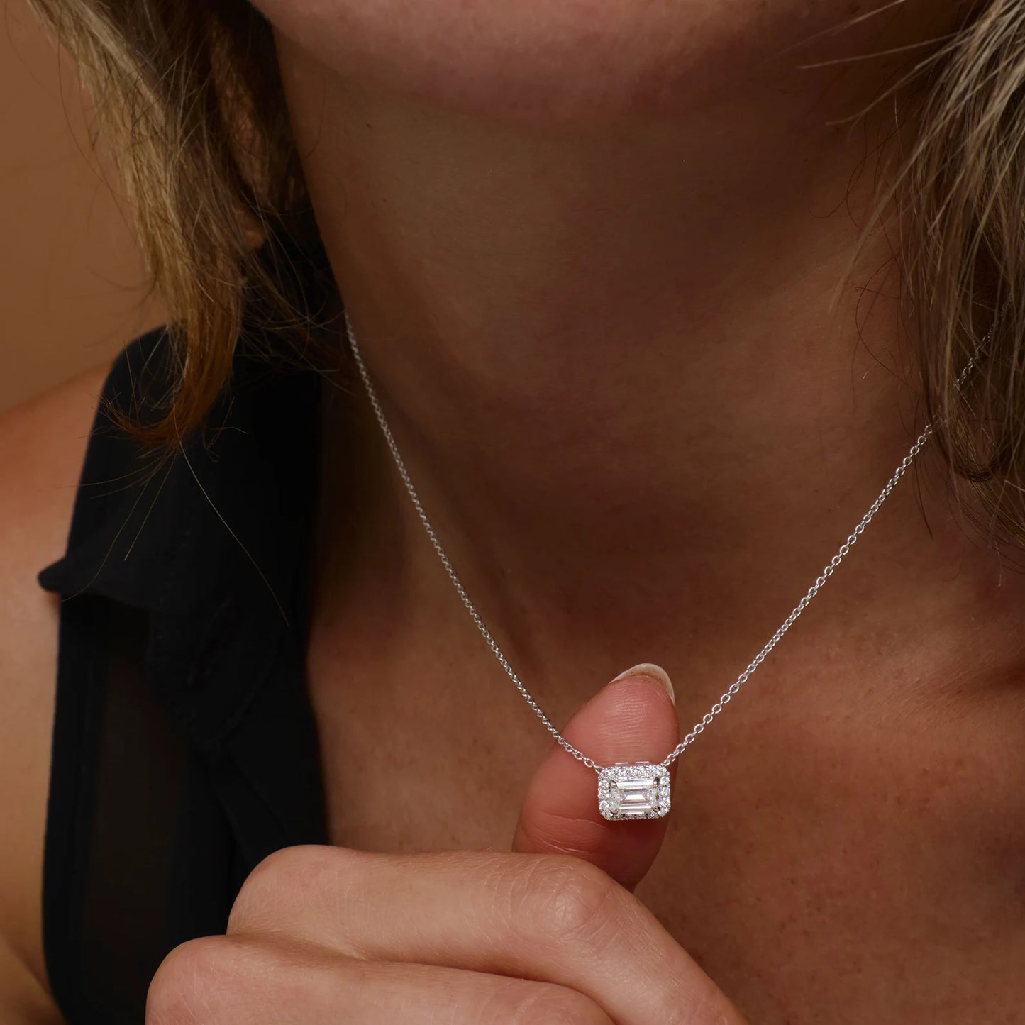 Emerald Cut Diamond Halo Necklace 0.90 CTW – 14K Solid Gold | Moissanite or Lab Grown Diamond Pendant