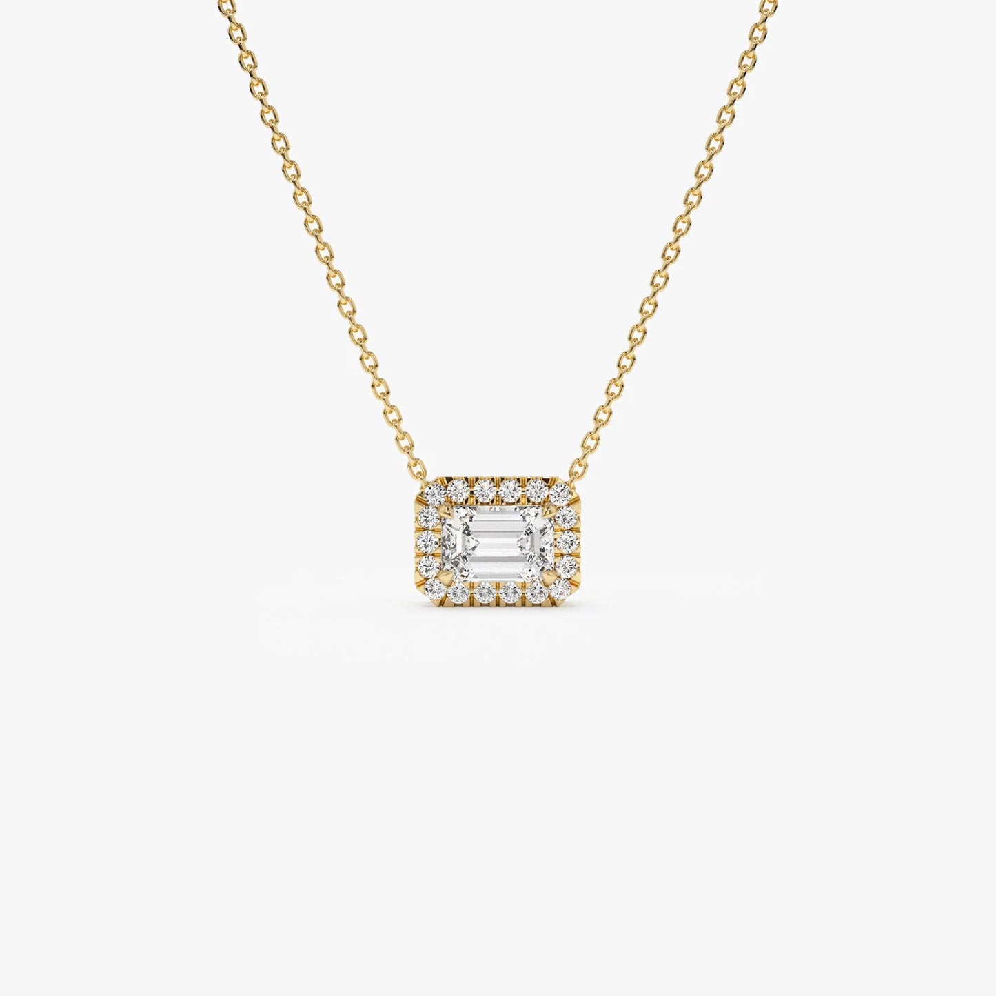 Emerald Cut Diamond Halo Necklace 0.90 CTW – 14K Solid Gold | Moissanite or Lab Grown Diamond Pendant