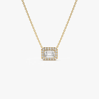 Emerald Cut Diamond Halo Necklace 0.90 CTW – 14K Solid Gold | Moissanite or Lab Grown Diamond Pendant