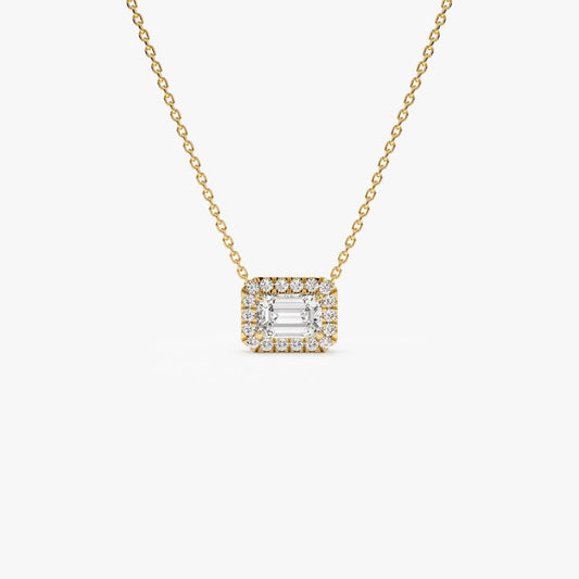 Emerald Cut Diamond Halo Necklace 0.90 CTW – 14K Solid Gold | Moissanite or Lab Grown Diamond Pendant