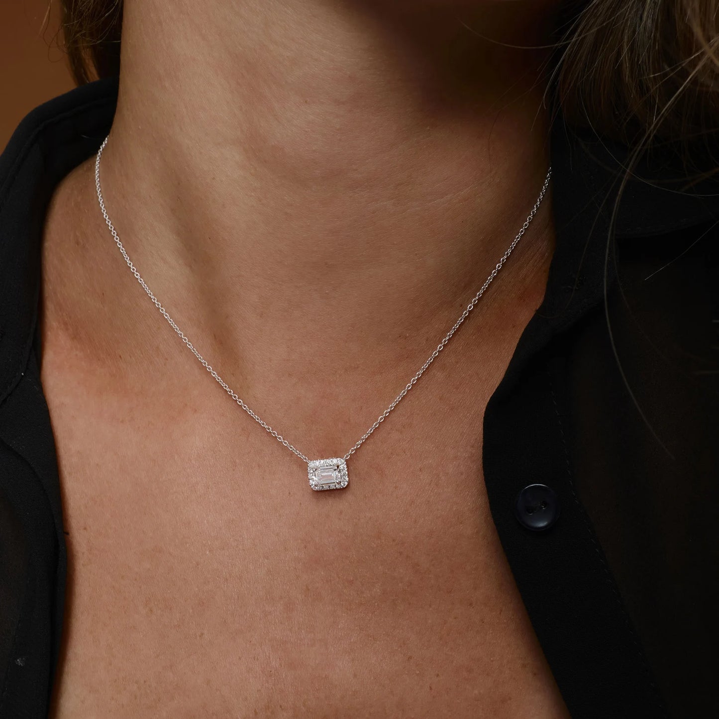 Emerald Cut Diamond Halo Necklace 0.90 CTW – 14K Solid Gold | Moissanite or Lab Grown Diamond Pendant