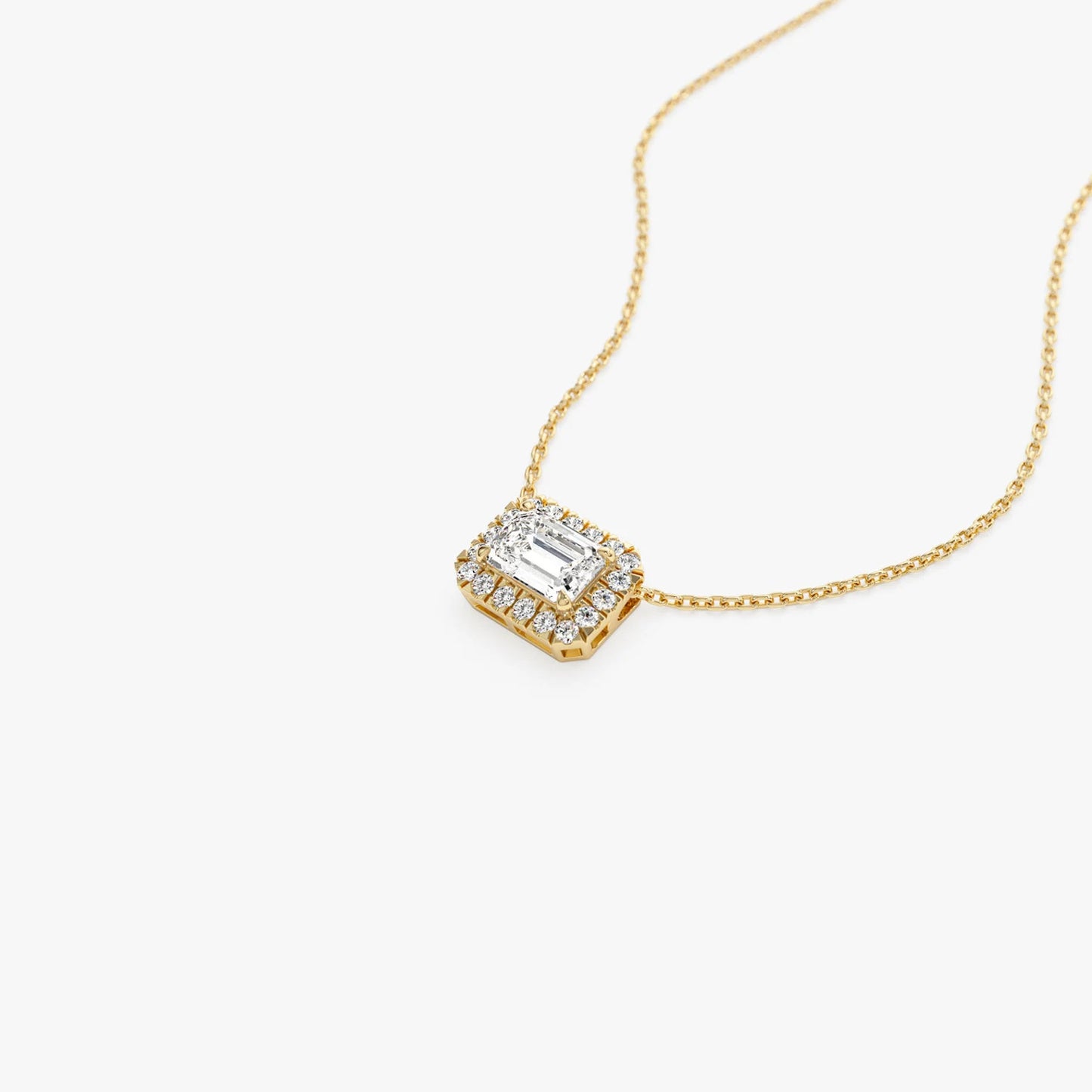 Emerald Cut Diamond Halo Necklace 0.90 CTW – 14K Solid Gold | Moissanite or Lab Grown Diamond Pendant