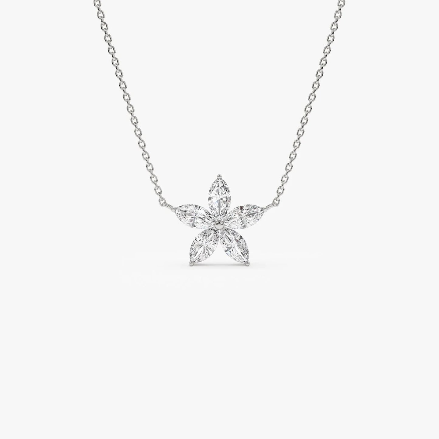 Floral Moissanite or Lab Grown Diamond Necklace in 14K Gold – Marquise Flower Pendant