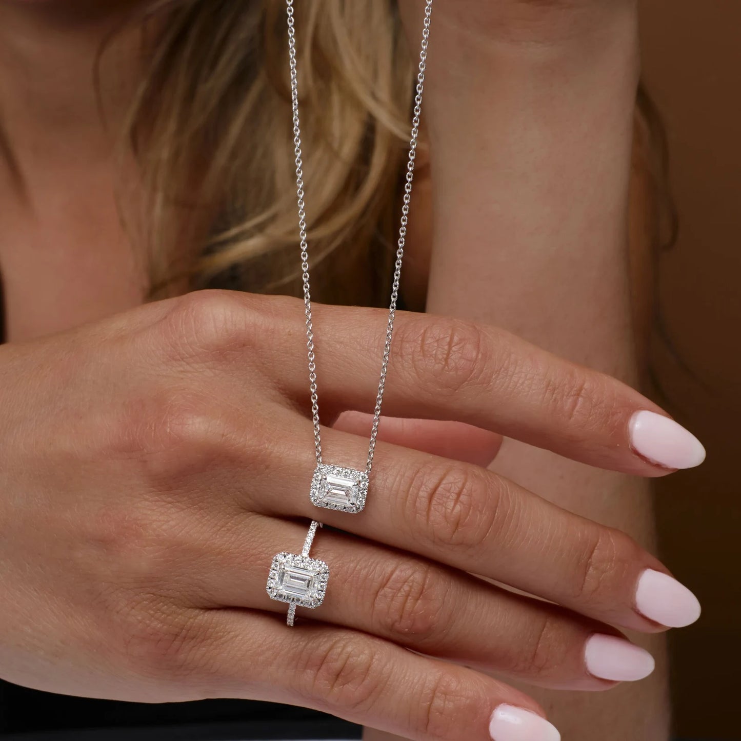 Emerald Cut Diamond Halo Necklace 0.90 CTW – 14K Solid Gold | Moissanite or Lab Grown Diamond Pendant