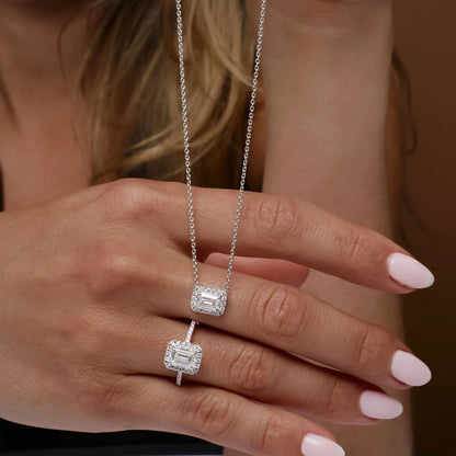 Emerald Cut Diamond Halo Necklace 0.90 CTW – 14K Solid Gold | Moissanite or Lab Grown Diamond Pendant