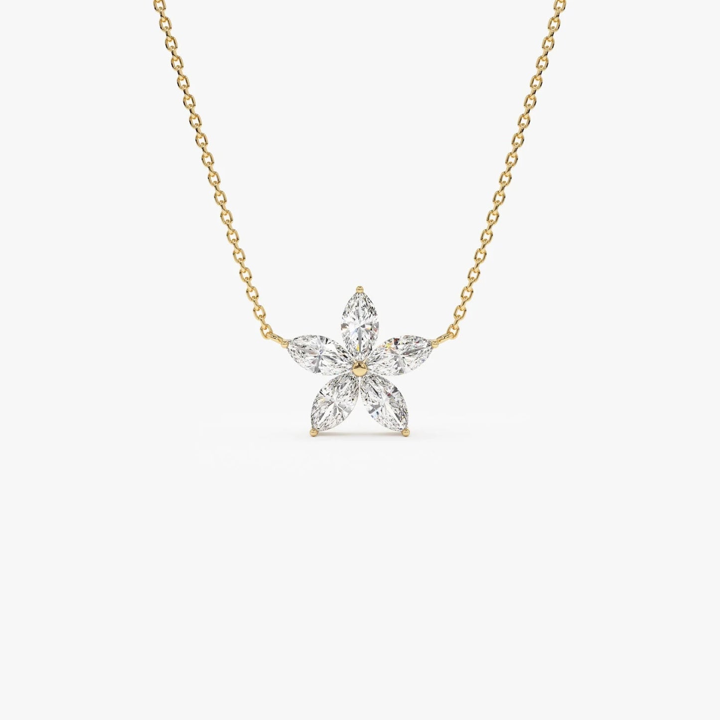 Floral Moissanite or Lab Grown Diamond Necklace in 14K Gold – Marquise Flower Pendant