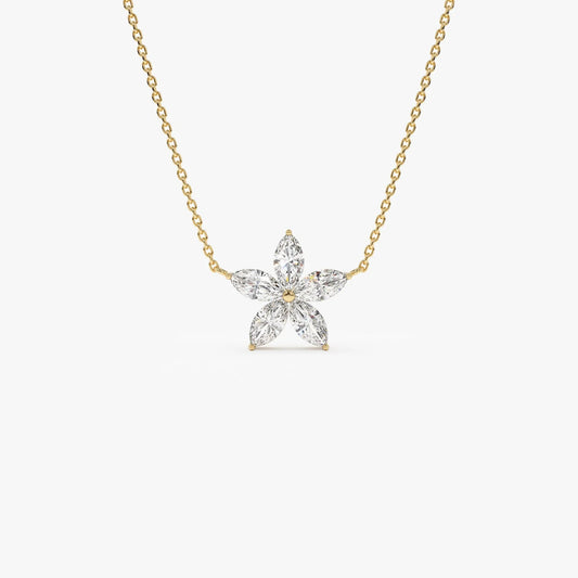Floral Moissanite or Lab Grown Diamond Necklace in 14K Gold – Marquise Flower Pendant