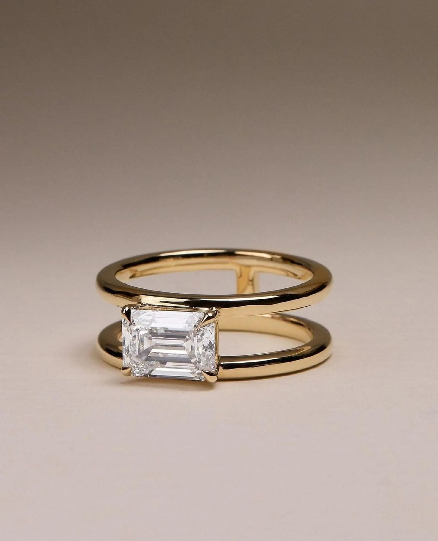 Emerald Cut Moissanite Engagement Ring – Double Band 14K Gold Ring – Modern Minimalist Bridal Ring
