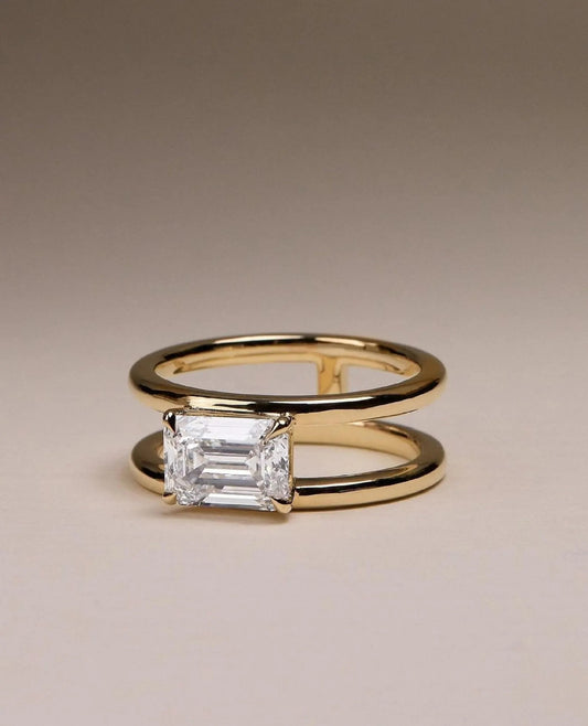 Emerald Cut Moissanite Engagement Ring – Double Band 14K Gold Ring – Modern Minimalist Bridal Ring