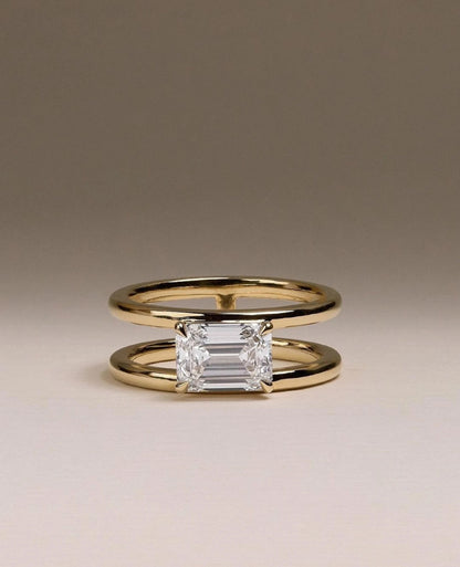 Emerald Cut Moissanite Engagement Ring – Double Band 14K Gold Ring – Modern Minimalist Bridal Ring