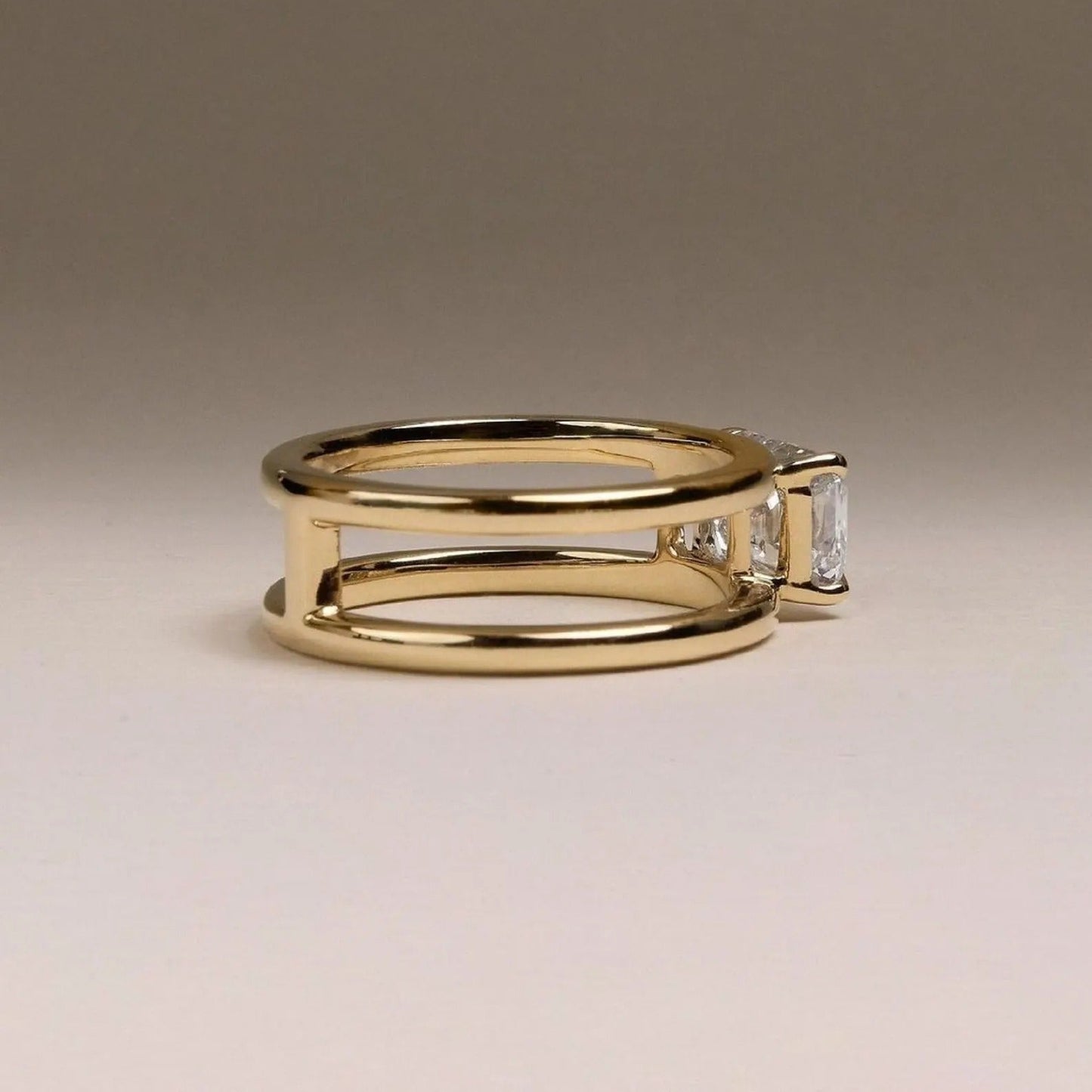 Emerald Cut Moissanite Engagement Ring – Double Band 14K Gold Ring – Modern Minimalist Bridal Ring