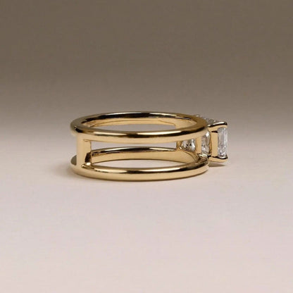 Emerald Cut Moissanite Engagement Ring – Double Band 14K Gold Ring – Modern Minimalist Bridal Ring
