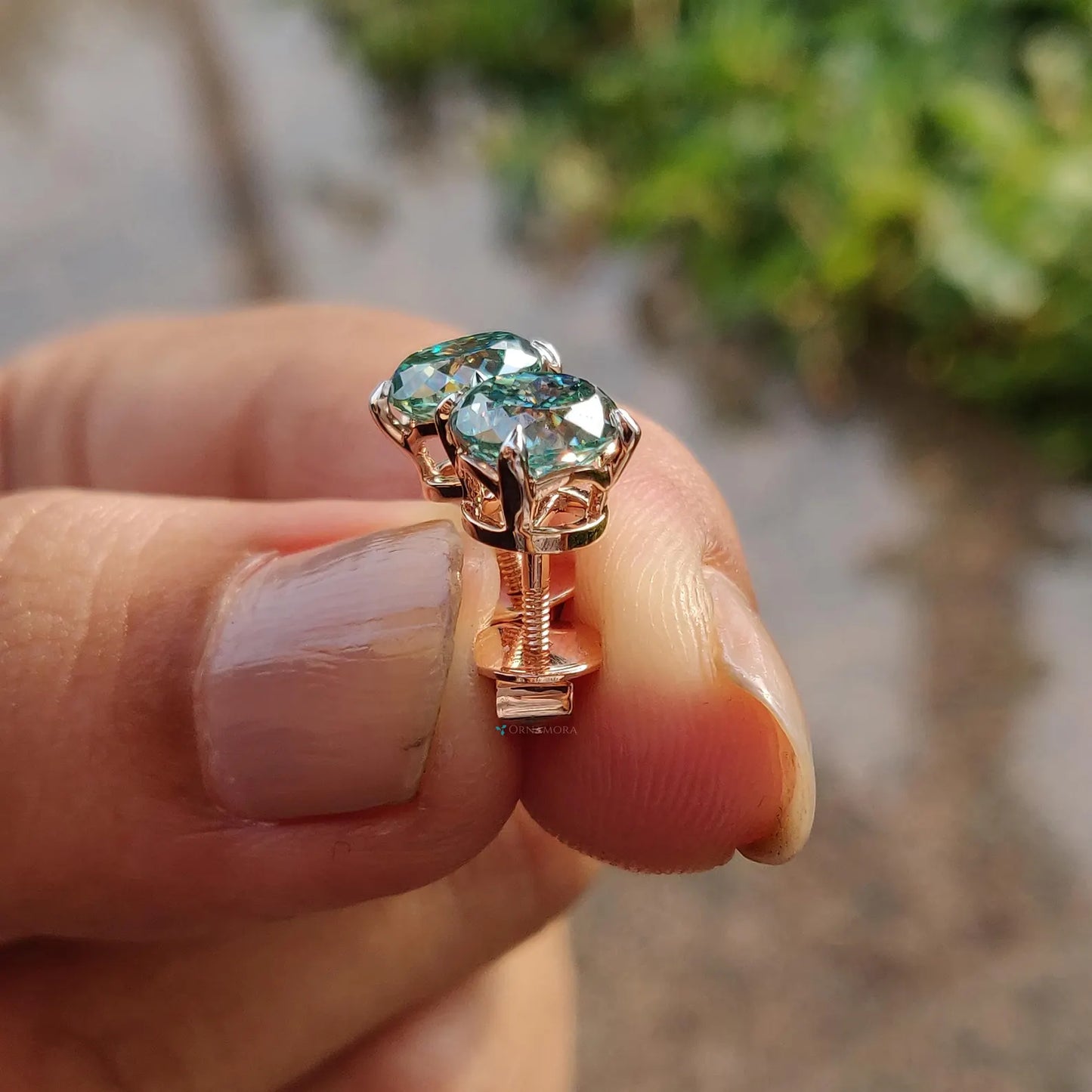 Green Blue Moissanite Stud Earrings - 2 CT Portuguese Lab Grown Diamond - 14K Gold Screw Back