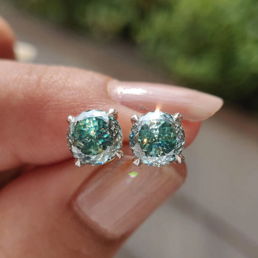 Green Blue Moissanite Stud Earrings - 2 CT Portuguese Lab Grown Diamond - 14K Gold Screw Back