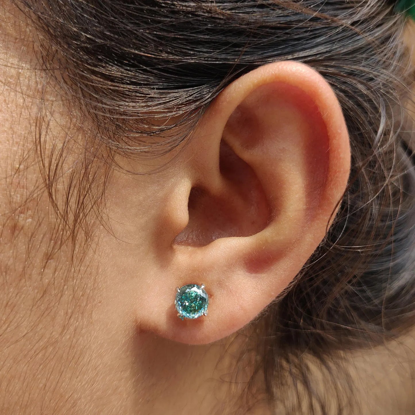 Green Blue Moissanite Stud Earrings - 2 CT Portuguese Lab Grown Diamond - 14K Gold Screw Back