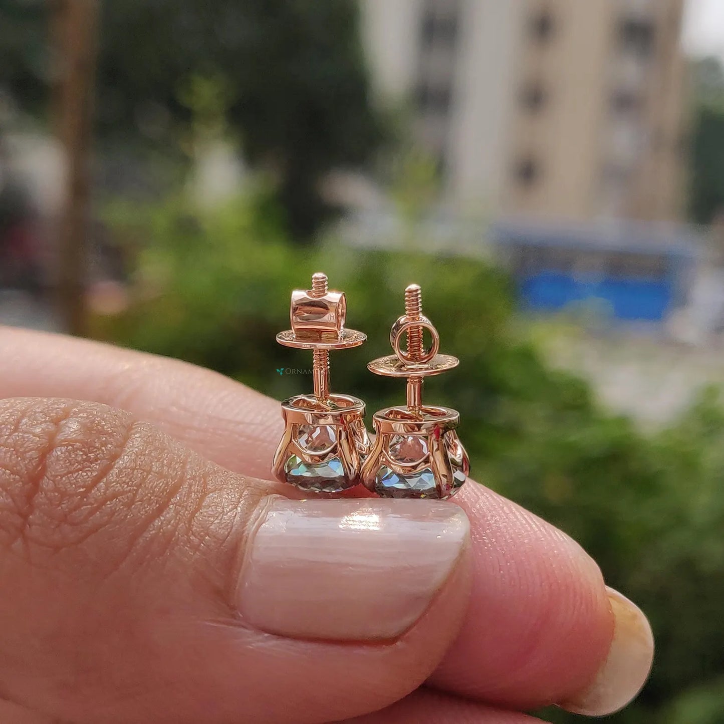 Green Blue Moissanite Stud Earrings - 2 CT Portuguese Lab Grown Diamond - 14K Gold Screw Back