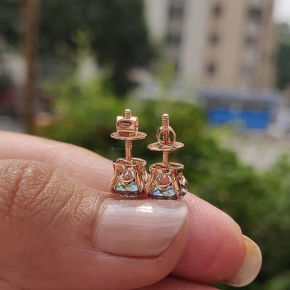 Green Blue Moissanite Stud Earrings - 2 CT Portuguese Lab Grown Diamond - 14K Gold Screw Back