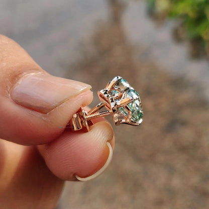 Green Blue Moissanite Stud Earrings - 2 CT Portuguese Lab Grown Diamond - 14K Gold Screw Back