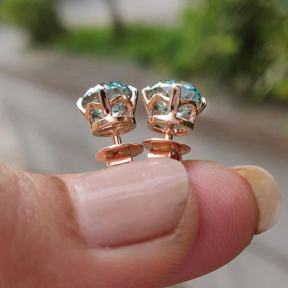 Green Blue Moissanite Stud Earrings - 2 CT Portuguese Lab Grown Diamond - 14K Gold Screw Back