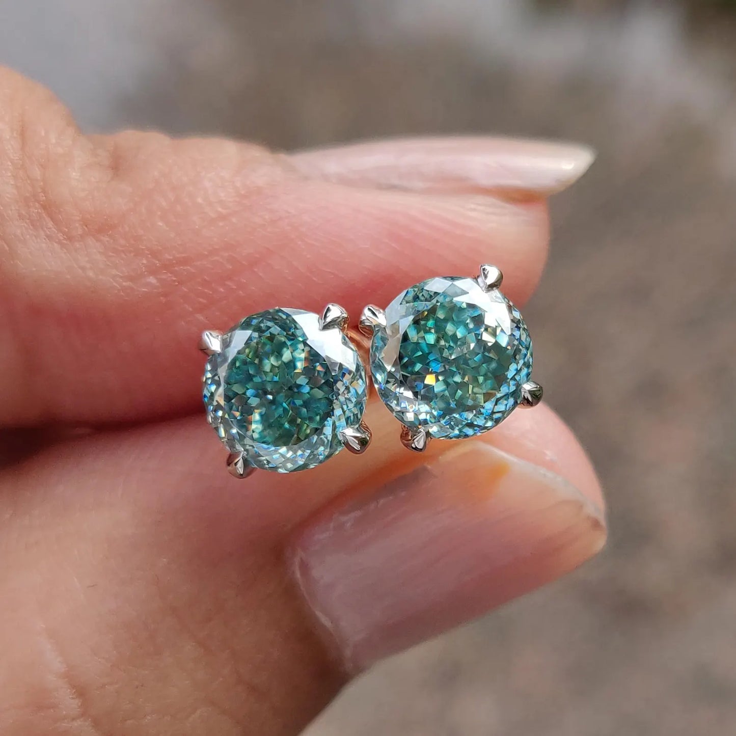 Green Blue Moissanite Stud Earrings - 2 CT Portuguese Lab Grown Diamond - 14K Gold Screw Back