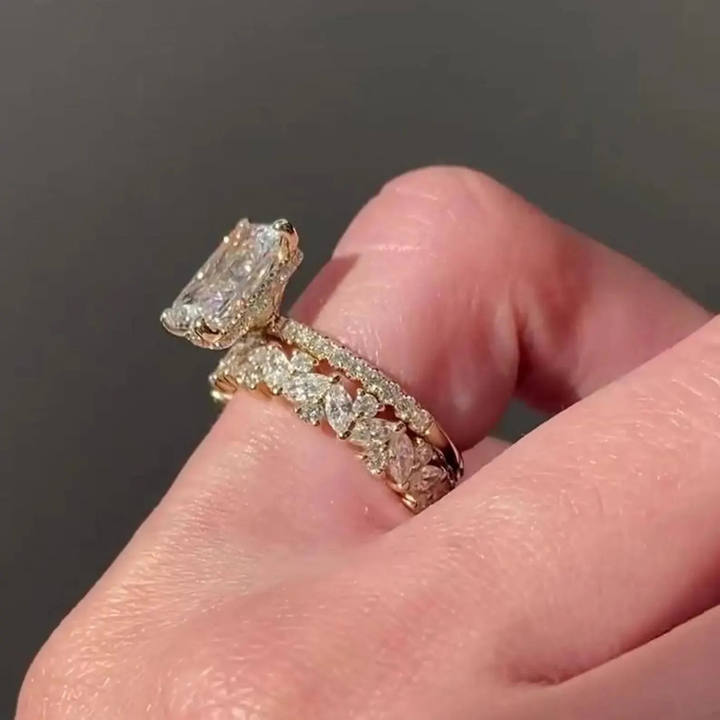 3 CT Radiant Cut Moissanite or Lab Grown Diamond Engagement Ring Set, 14K Gold Bridal Wedding Ring Set
