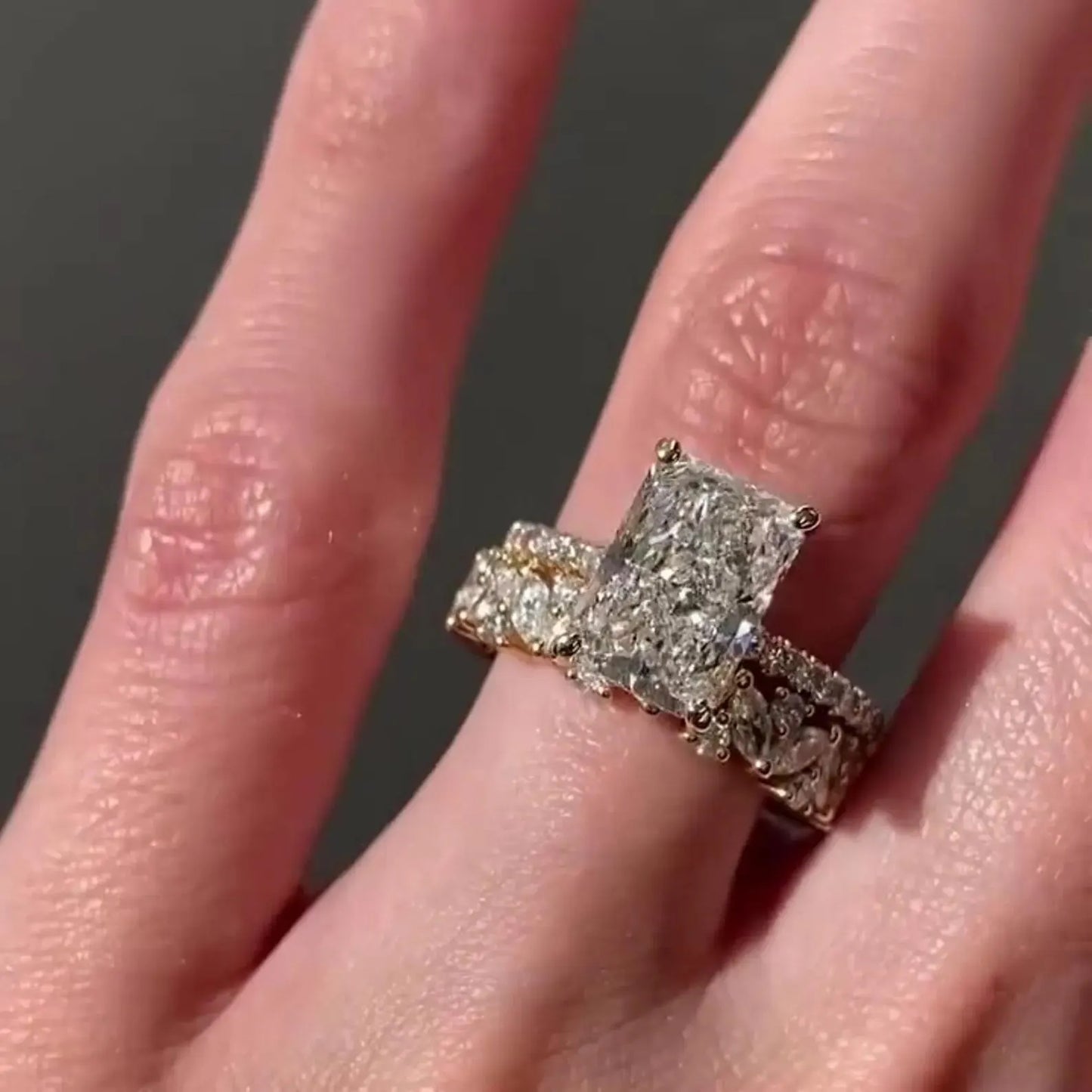 3 CT Radiant Cut Moissanite or Lab Grown Diamond Engagement Ring Set, 14K Gold Bridal Wedding Ring Set