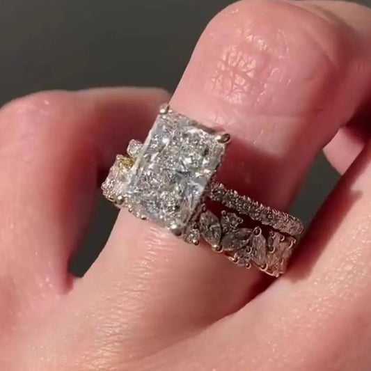 3 CT Radiant Cut Moissanite or Lab Grown Diamond Engagement Ring Set, 14K Gold Bridal Wedding Ring Set