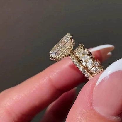 3 CT Radiant Cut Moissanite or Lab Grown Diamond Engagement Ring Set, 14K Gold Bridal Wedding Ring Set