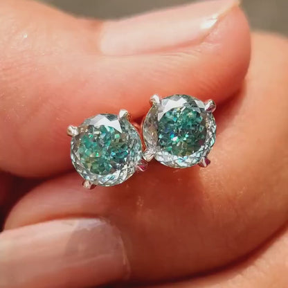 Green Blue Moissanite Stud Earrings - 2 CT Portuguese Lab Grown Diamond - 14K Gold Screw Back