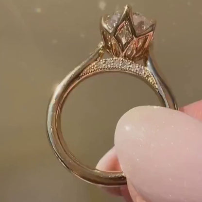 3 CT Oval Cut Vintage Art Deco Engagement Ring, Moissanite or Lab Grown Diamond, 14K Gold Tulip Prong Solitaire