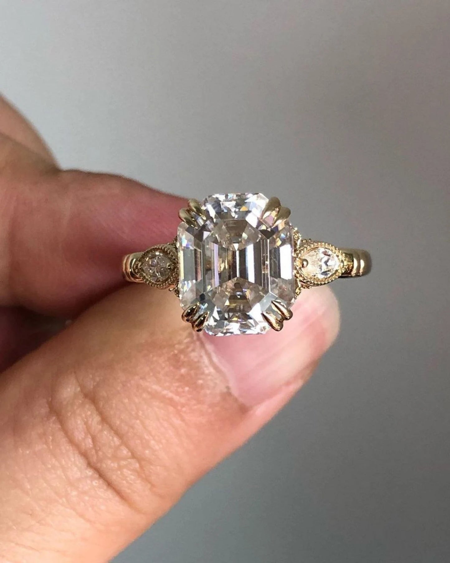 4 CT Emerald Cut Moissanite or Lab Grown Diamond Engagement Ring, Vintage Art Deco 14K Gold Bridal Ring