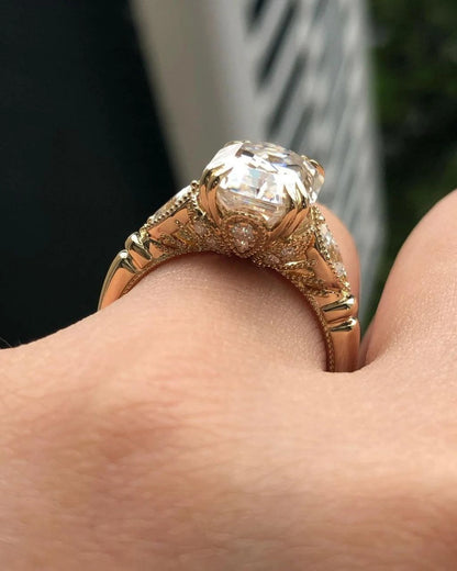 4 CT Emerald Cut Moissanite or Lab Grown Diamond Engagement Ring, Vintage Art Deco 14K Gold Bridal Ring