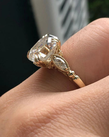4 CT Emerald Cut Moissanite or Lab Grown Diamond Engagement Ring, Vintage Art Deco 14K Gold Bridal Ring