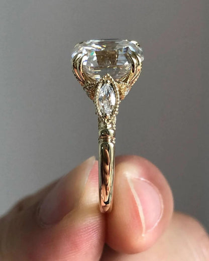 4 CT Emerald Cut Moissanite or Lab Grown Diamond Engagement Ring, Vintage Art Deco 14K Gold Bridal Ring