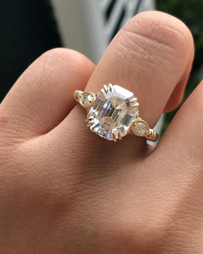 4 CT Emerald Cut Moissanite or Lab Grown Diamond Engagement Ring, Vintage Art Deco 14K Gold Bridal Ring